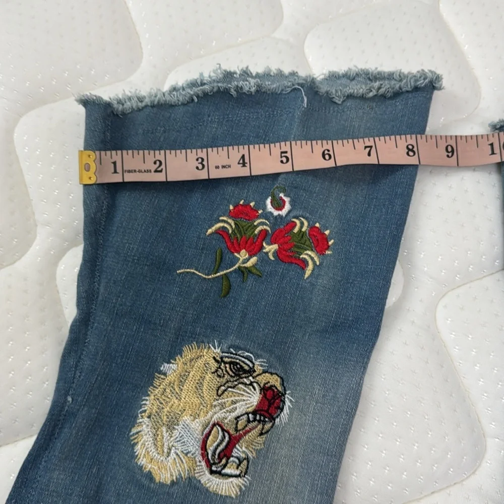 Toriana Blue Denim Like Club Embroidered Tiger Rose Over the Knee Boots- Size 8